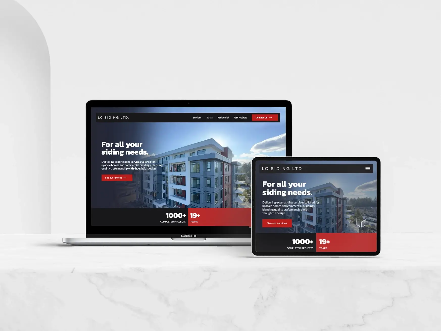A prototype of LC Siding website on many different screens including laptop, mobile and tablet.